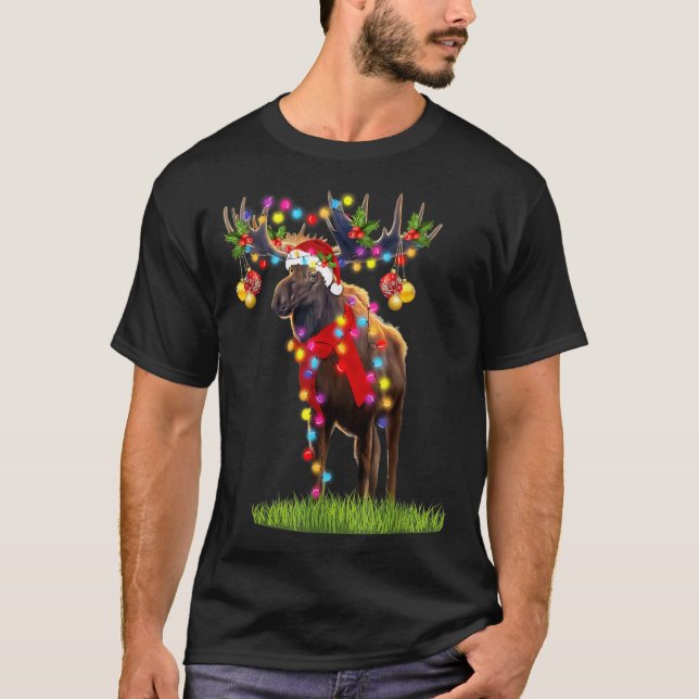T-shirt Amusant Moose Santa Hat Reindeer lumières de Noël  (Devant)