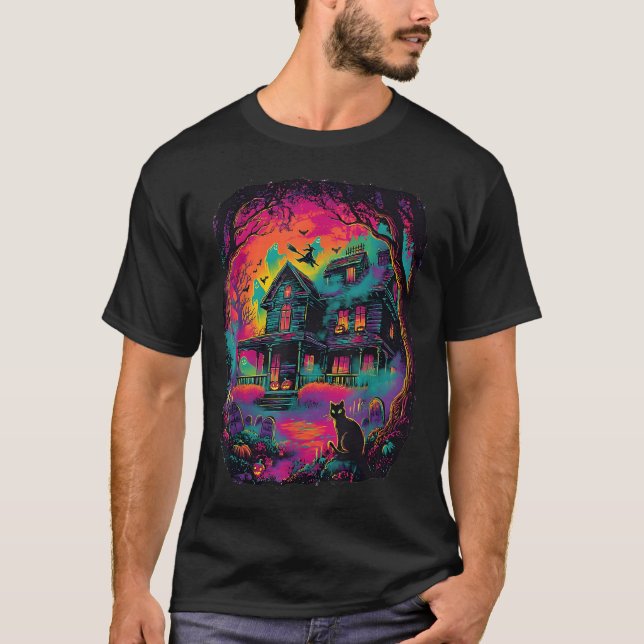 T-shirt Amusant Neon S Fantôme Chat Noir Sorcière Hallowee (Devant)