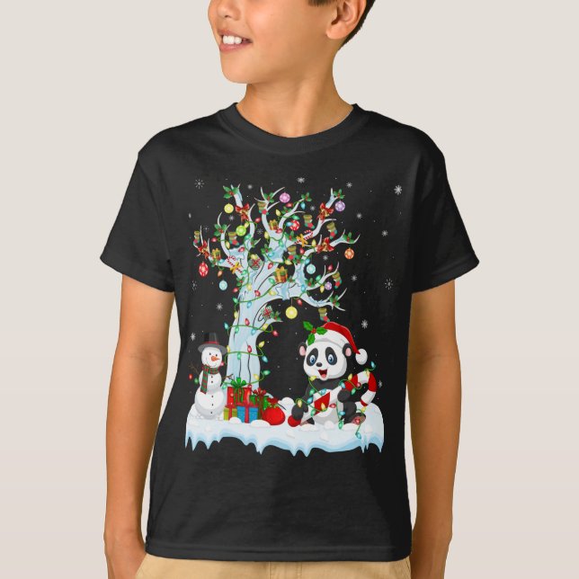 T-shirt Amusant Panda Xmas Arbre Éclairage Santa Hat Panda (Devant)