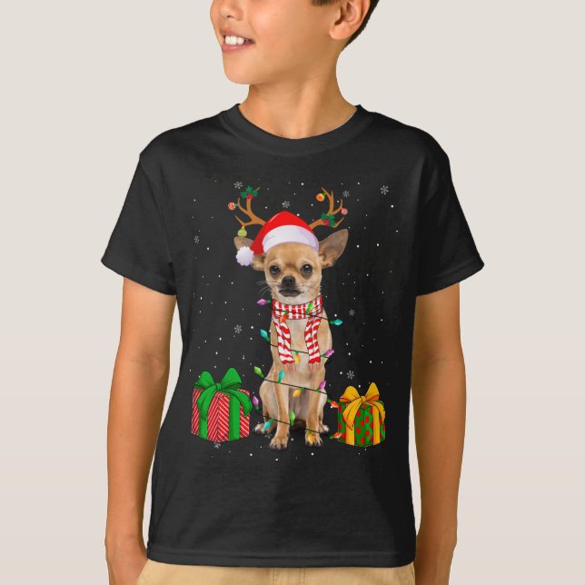 T-shirt Amusant Pyjama Santa Hat Chihuahua lumières de Noë (Devant)