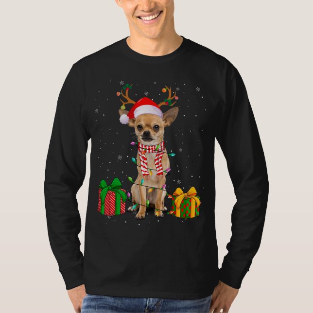 T-shirt Amusant Pyjama Santa Hat Chihuahua lumières de Noë (Devant)