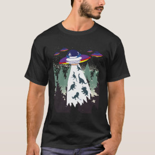 T-shirt Amusant Ufo Alien Forêt Dinosaure Enlèvement