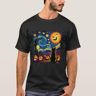 T-shirt Amusante Halloween Van Gogh Starry Nuit Noir Chat 