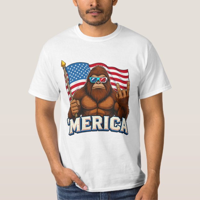 T-shirt Amusante Merica Bigfoot Tee, Patriotique Sasquatch (Devant)