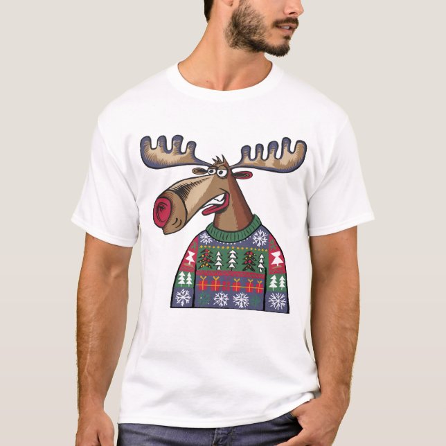 T-shirt Amusante Moose portant un doux pull de Noël (Devant)