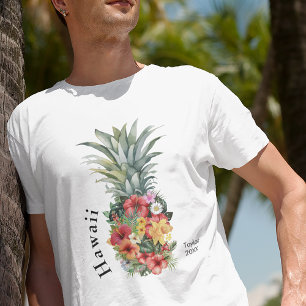 T-shirt Ananas Tropical Hawaii avec fleurs, Nom de famille