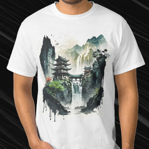 T-shirt Ancient Chinese Ink Landscape with Waterfall