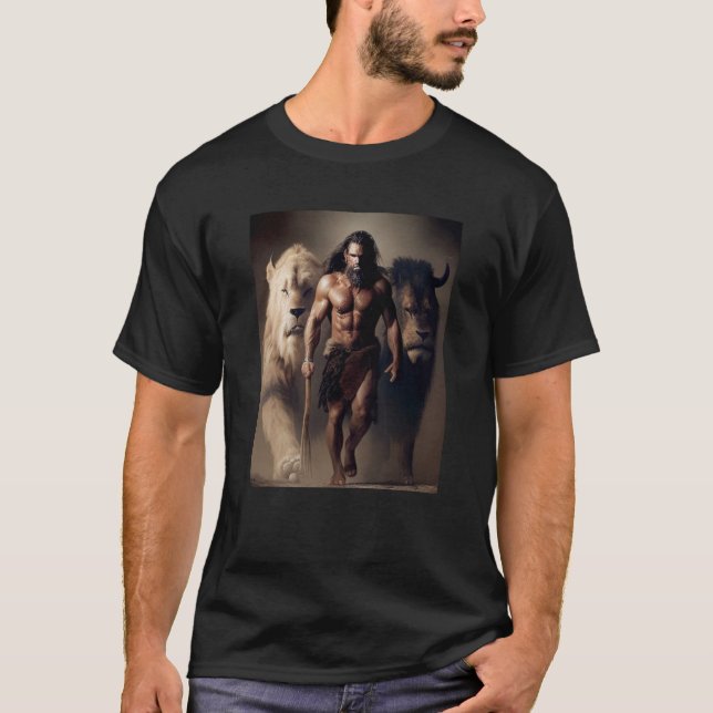 T-shirt Ancient Hunting Family Pack Man and Lions with the (Devant)