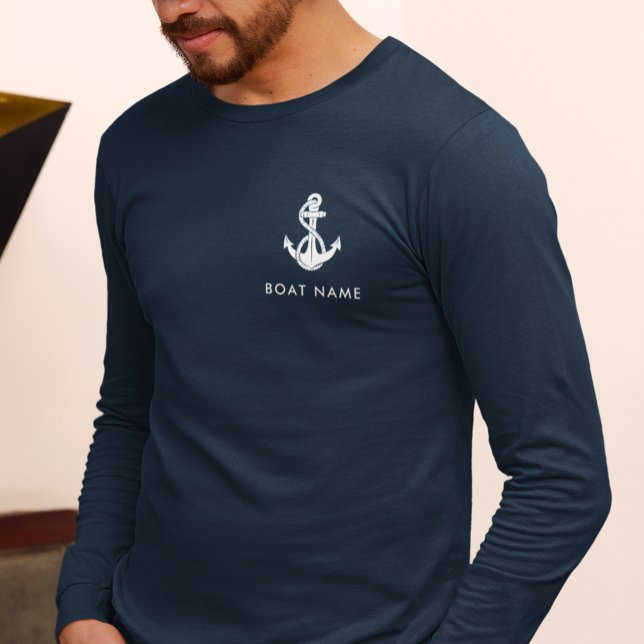 T-shirt Ancre Bleue marine Nautique Nom du bateau Crew Cus (Nautical Navy Blue Anchor Boat Name Crew Custom Long Sleeves Navy Blue T-Shirt)