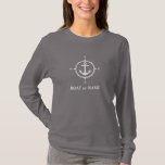 T-shirt Ancre de boussole nautique Votre bateau ou nom Gri<br><div class="desc">Une boussole et une Ancre nautique avec votre nom ou nom de bateau sur une chemise à manches longues gris pour femmes.</div>