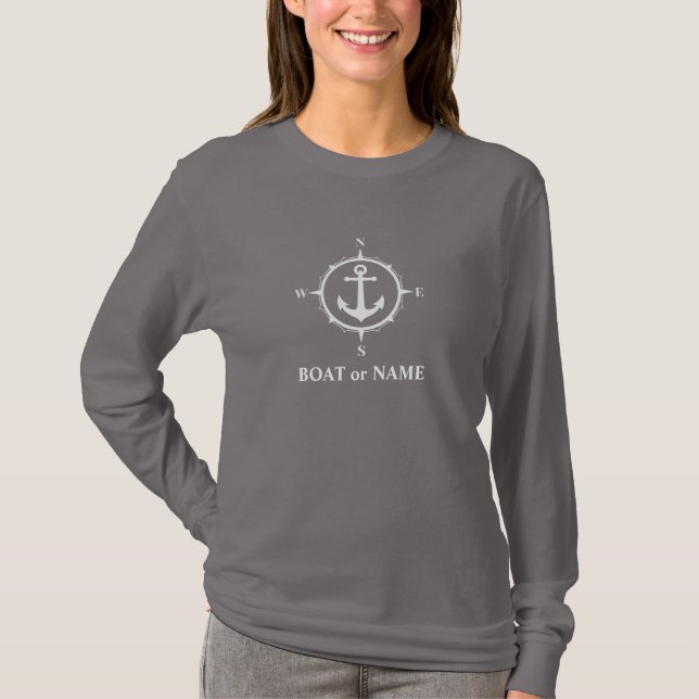 T-shirt Ancre de boussole nautique Votre bateau ou nom Gri (Devant)