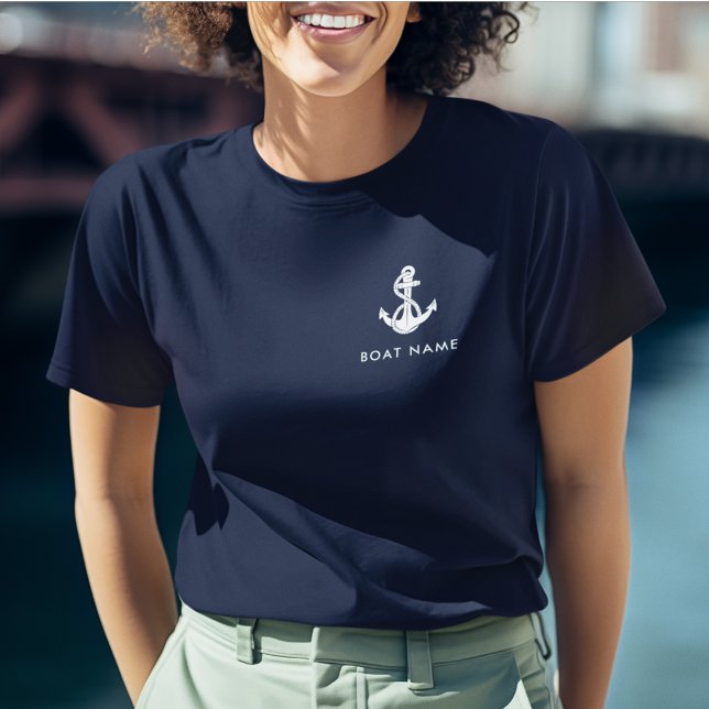 T-shirt Ancre nautique Marine Nom du bateau bleu Toute cou (Nautical Navy Blue Anchor Boat Name Crew Custom Womens Navy Blue T-Shirt)