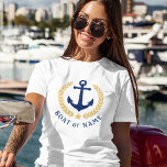 T-shirt Ancre Votre nom de bateau Gold Laurel Feuilles Bla<br><div class="desc">Une ancre nautique conçue sur mesure,  des feuilles de lauriers de style or et une étoile dorée avec et votre nom personnalisé ou nom de bateau sur un t-shirt blanc pour femmes. Fait un grand cadeau.</div>