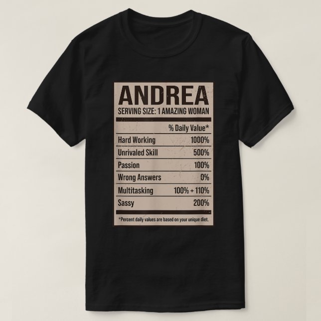 T-shirt Andrea Nutrition Facts Nom Pseudo Alias Titre F (Design devant)