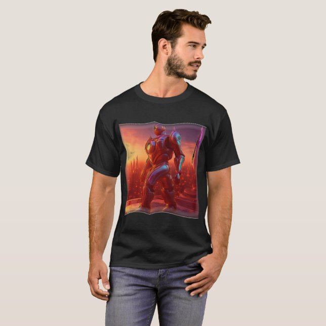 T-shirt Android Marche Sur Un Toit Alors Qu'Il Regarde La  (Devant entier)