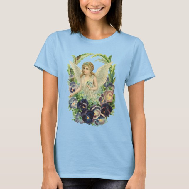 T-shirt Ange de Pâques victorien avec Fleurs de Pansy Viol (Devant)