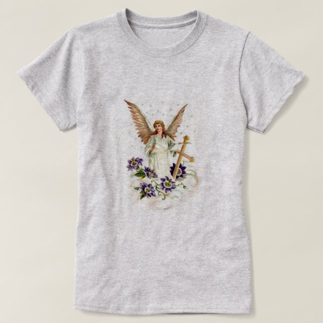 T-shirt Angel Avec Croix Et Fleurs Clematis (Design devant)