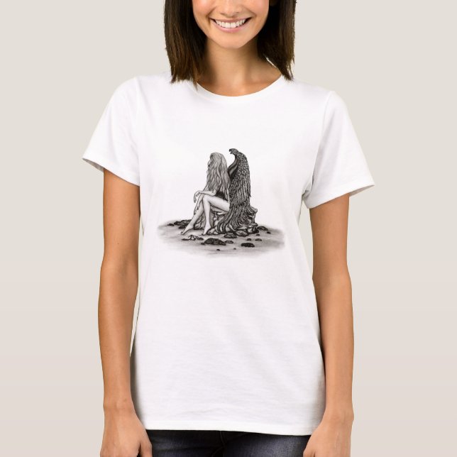 T-shirt Angel, perdu dans la pensée, noir et blanc Design (Devant)