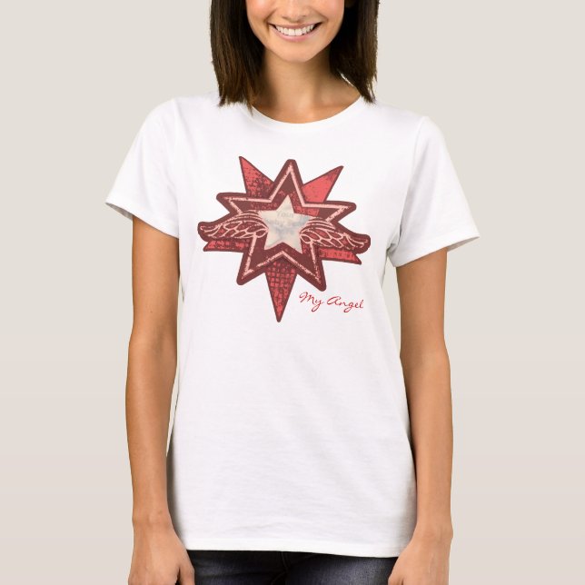 T-shirt Angel star ajouter votre photo dames rouge & blanc (Devant)