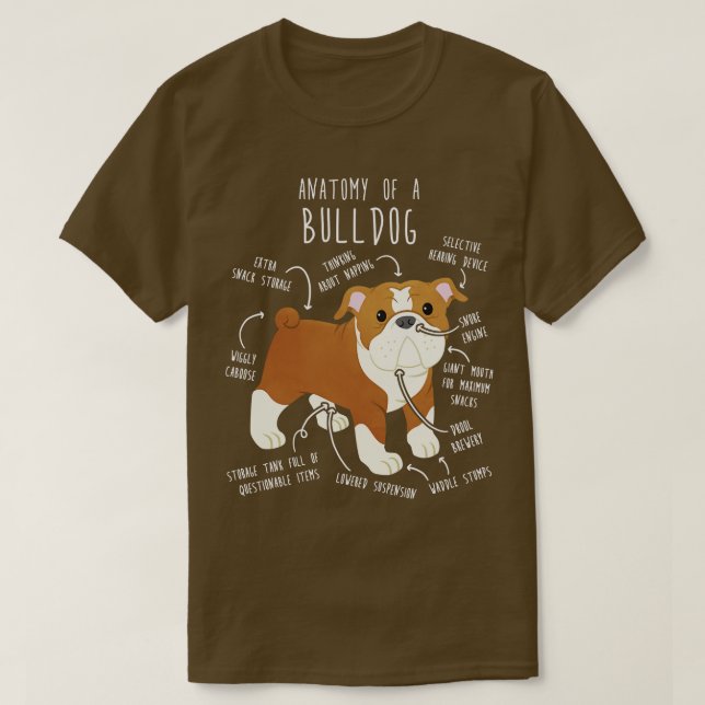 T-shirt Anglais Bulldog Red et White Dog Anatomie (Design devant)