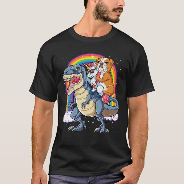 T-shirt Anglais Bulldog Unicorn Dinosaur T Rex Girls Rainb (Devant)