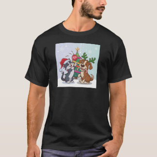T-shirt animal de compagnie chat et chien fêtant Noël jour