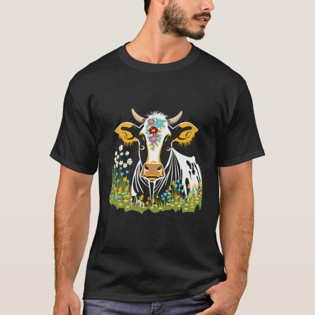 T-shirt Animal De Vache Avec Fleurs (Devant)