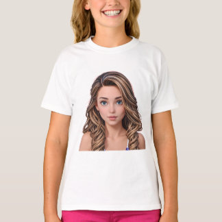 T-shirt Animated Girl with Wavy Highlighted Hair