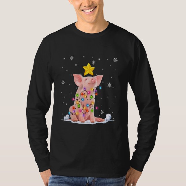 T-shirt Animaux de cochon de Noël Lumières des arbres de N (Devant)