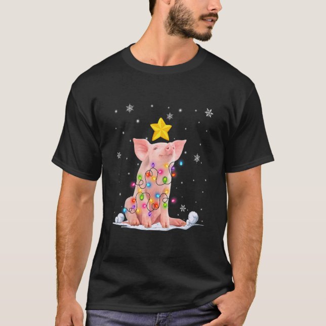 T-shirt Animaux de cochon de Noël Lumières des arbres de N (Devant)