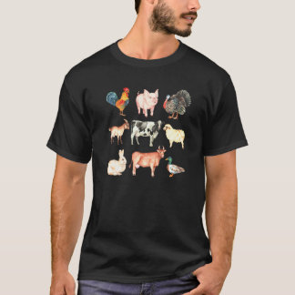 T-shirt Animaux de ferme mignons Vache Cochon Poule Lapin
