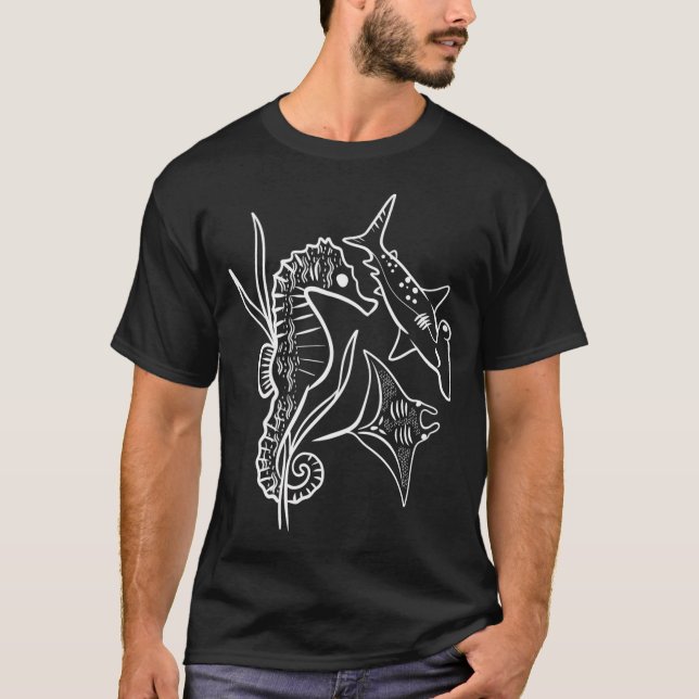 T-shirt Animaux Floraux de l'Océan - Fond Noir (Devant)