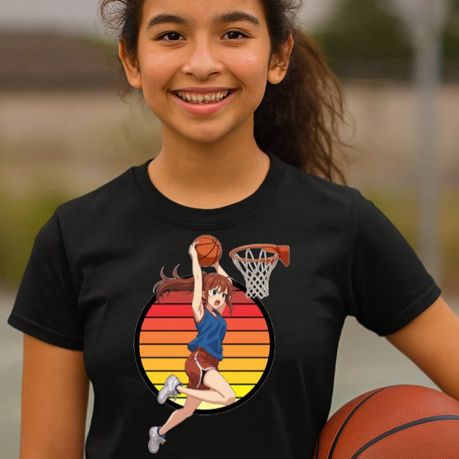 T-shirt Anime Basketball Girl On Retro Sunset Template (Créateur téléchargé)