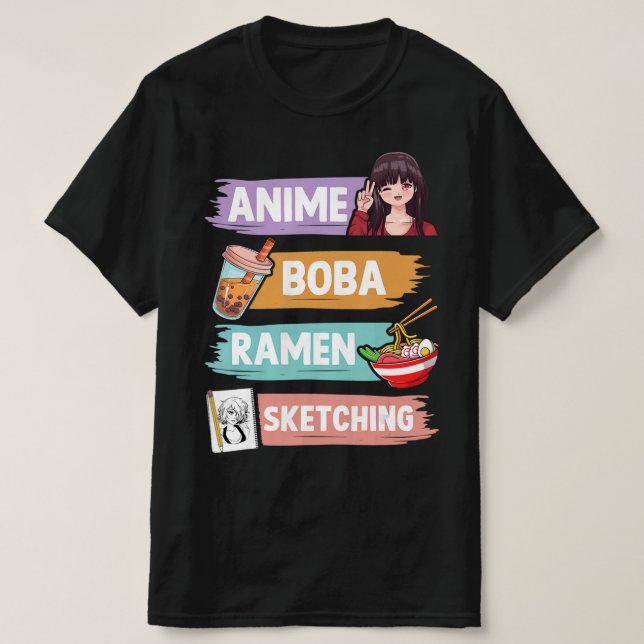 T-shirt Anime Boba Ramen Esquisse Otaku Kawaii Anime Girl (Design devant)