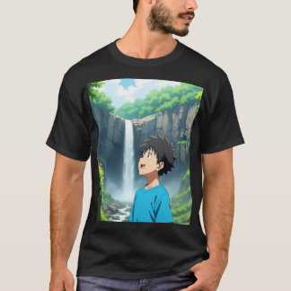 T-shirt Anime Boy Admiring Waterfall in a Beautiful Nature