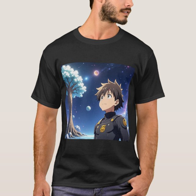 T-shirt Anime Boy Under Starry Sky with Planets – Fantasy  (Devant)