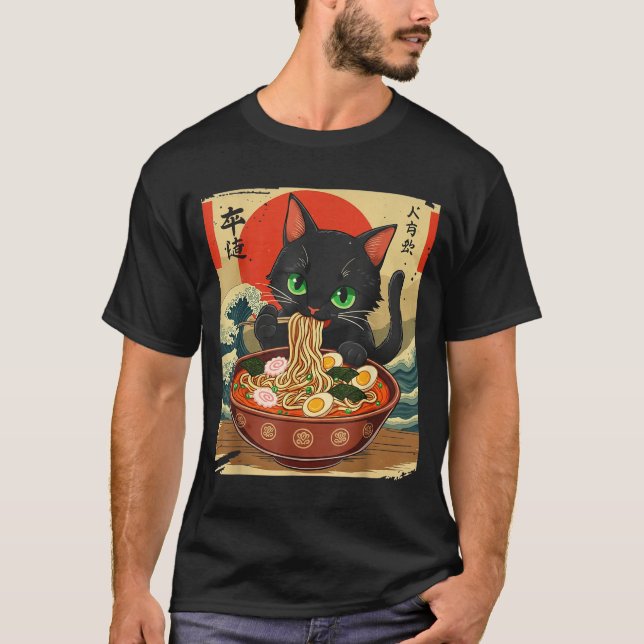 T-shirt Anime Cat Eating Ramen Japanese Art Graphic Cat Cu (Devant)