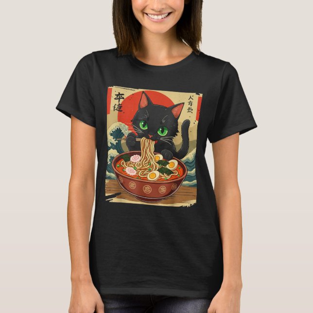 T-shirt Anime Cat Eating Ramen Japanese Art Graphic Cat Cu (Devant)