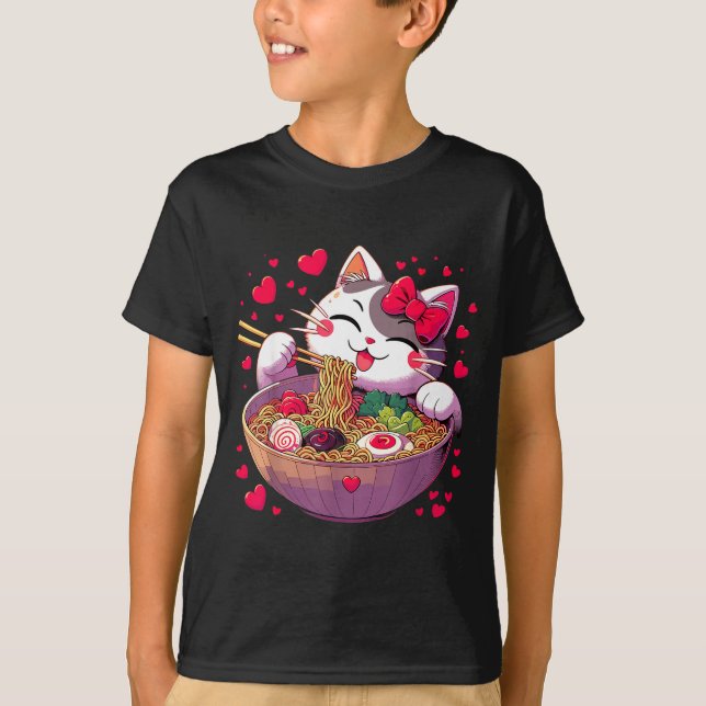 T-shirt Anime Cat Eating Ramen Noodles With Hearts Valenti (Devant)