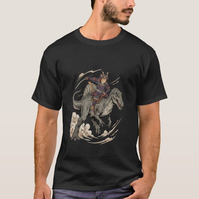 T-shirt Anime Cat Funny Samurai Cat Riding Dinosaur Spinos (Devant)