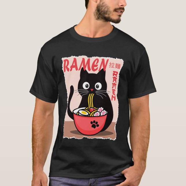 T-shirt Anime Cat Ramen Instant Noodles Funny Japanese Cat (Devant)