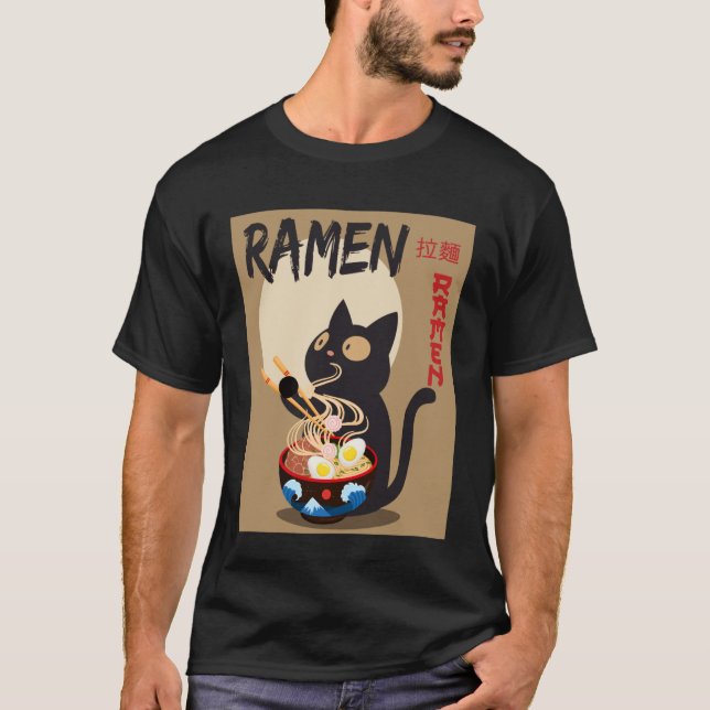 T-shirt Anime Cat Ramen Instant Noodles Funny Japanese Cat (Devant)