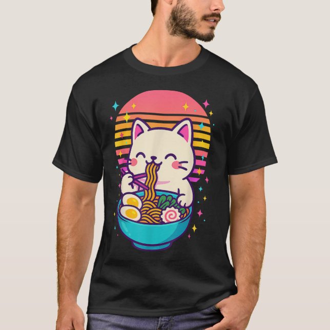 T-shirt Anime Chat Manger Ramen japonais (Devant)