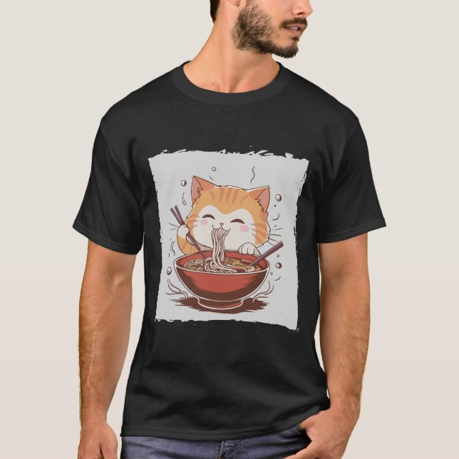 T-shirt Anime Chat Mignon Mangeant des Nouilles Ra (Devant)