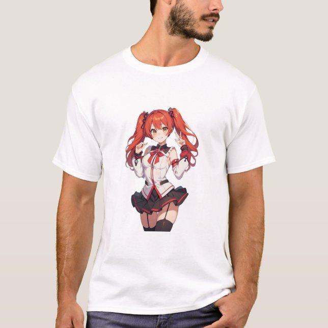 T-shirt Anime fille avec cheveux rouges (Devant)