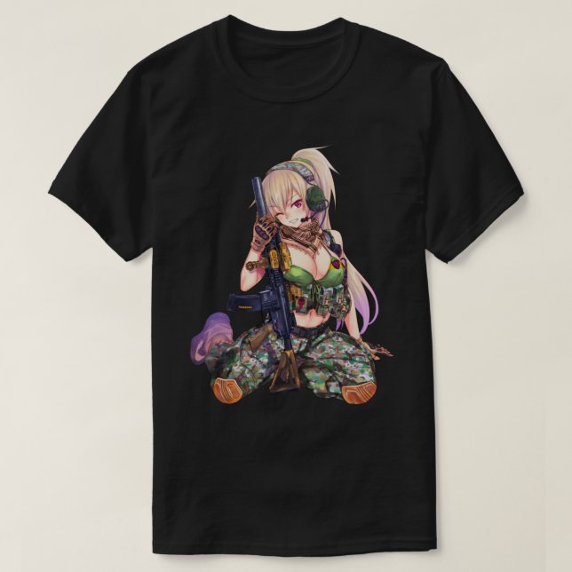 T-shirt Anime fille avec cool de conception de pistolet (Design devant)
