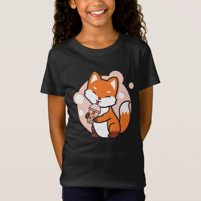 T-Shirt Anime Fox Boire Boba Tea Girls Graphic (Devant)