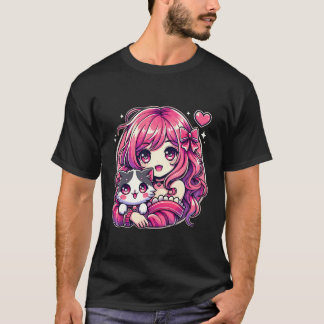 T-shirt Anime Girl and Cat Kawaii Manga Girl