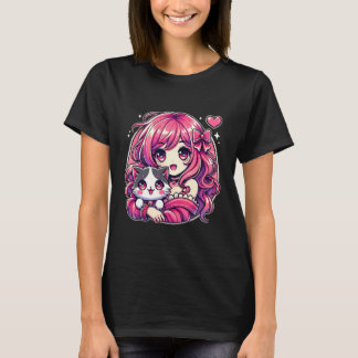 T-shirt Anime Girl and Cat Kawaii Manga Girl