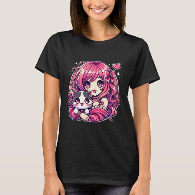 T-shirt Anime Girl and Cat Kawaii Manga Girl (Devant)